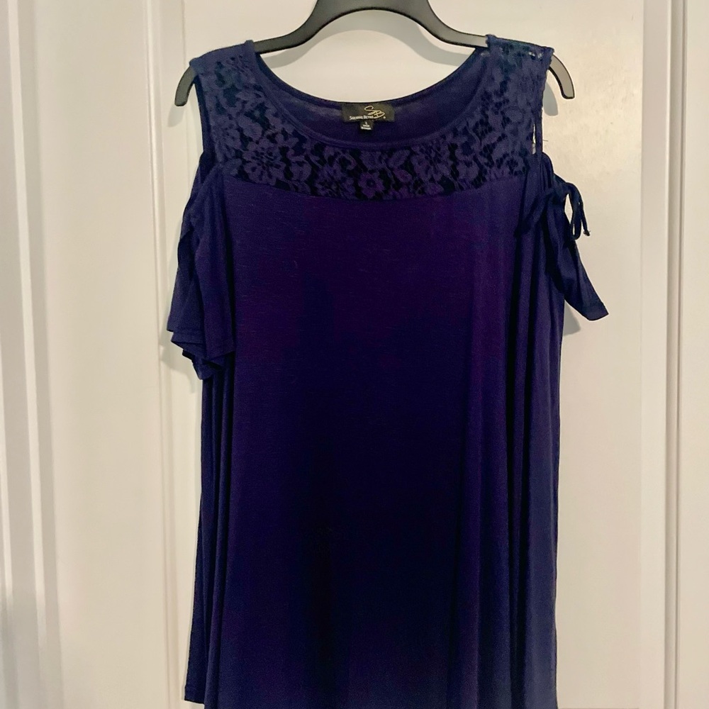 Suzanne Betro Navy Lace Cold Shoulder Blouse